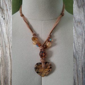 Necklace Glass Heart Iridescent Beads Silky Cord